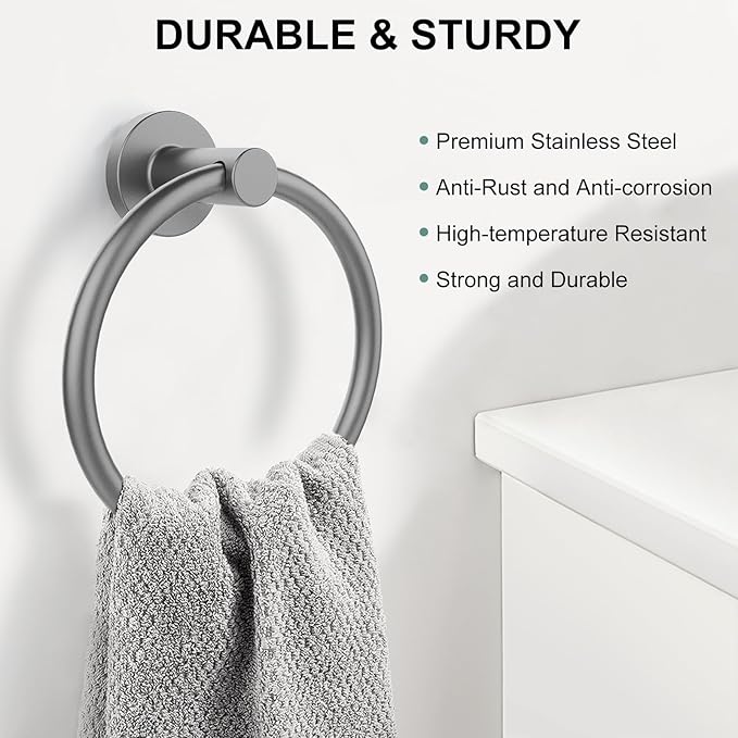 SetSail Towel Holder for Bathroom Wall Mounted Screw-in Towel Ring Stainless Steel Hand Towel Holder Heavy Duty Towel Hanger for Bathrooms, Grey