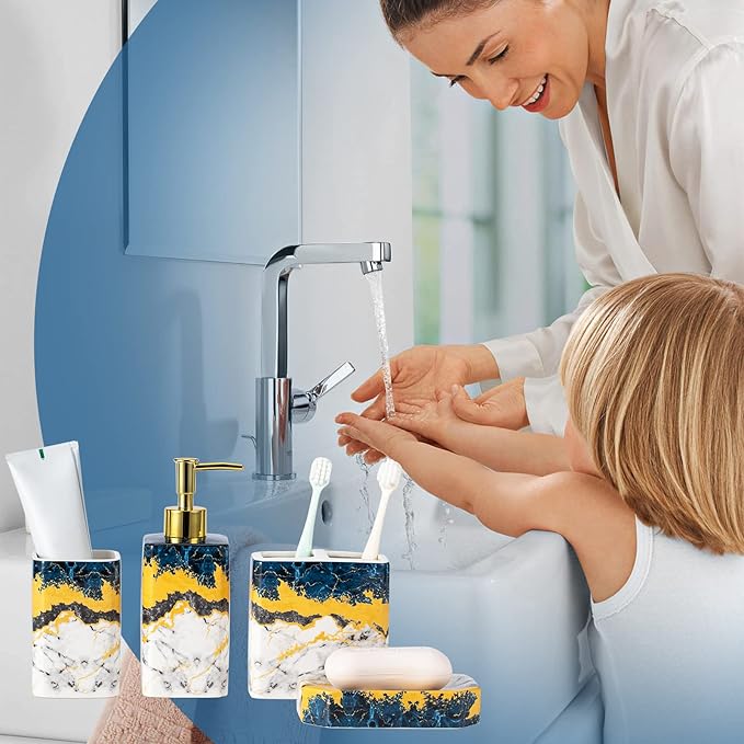4 Piece Bathroom Accessories Set - Blue Bathroom Accessory Sets Includes Lotion Dispenser, Toothbrush Holder Tumbler, and Soap Dish - Glossy Finish (Marble, Blue)