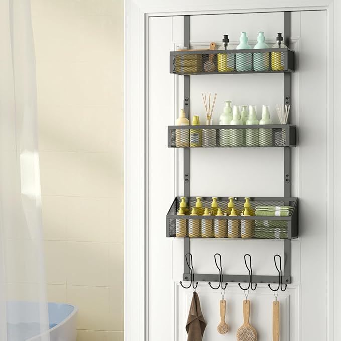 Over The Door Shower Caddy, Over The Door Hook Organizer with 12 Hooks & 3 Mesh Baskets – Space-Saving Towel Rack & Storage Hanger for Bathroom, Kitchen, Bedroom, No Drill Door Hooks, Black