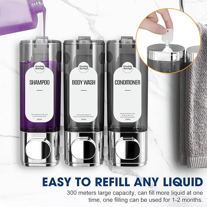 Shampoo and Conditioner Dispenser 3 Chamber No Drill, HUOTDY SUNTYS Shower Soap Dispenser Wall Mounted,Shampoo Dispenser for Shower Wall Body Wash Dispenser for Bathroom Toilet Hotel Kitchen (Chrome)