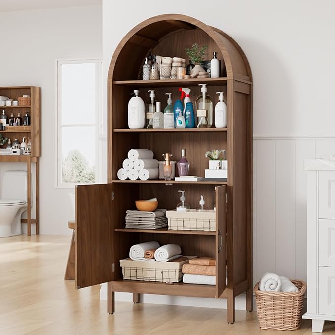 Lxsxlome 70.9" Tall Storage Cabinet with Fluted Doors, Arched Freestanding Cabinet with 5 Shelves, Wooden Bookcase Storage Cabinet Suitable for Living Room, Dining Room, Bathroom