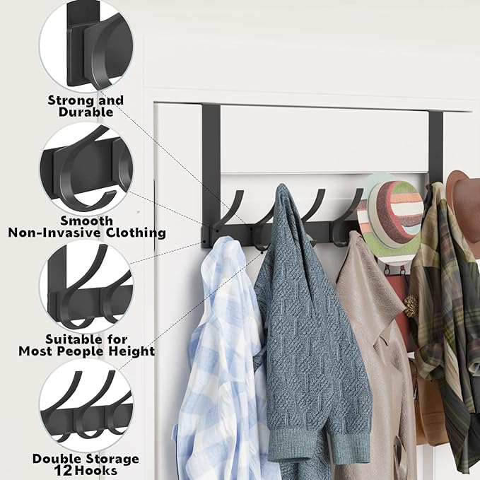 Peasulin Over The Door Hook Rack 7.4", 6 Double Hooks 12 Hanging Positions, Fits 1-3/4" Doors, White, Anti-Scratch 4 Pads, Over Door Towel Coat Rack Bathroom Bedroom Entryway (Black)