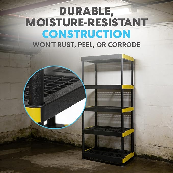 Simpli-Magic 5-Tier Heavy Duty Plastic Storage Shelving Unit, Garage & Basement Organizer, Modular Rack, 36 x 18 x 75 Inches, 200 lbs per Shelf, 1000 lbs Total Capacity