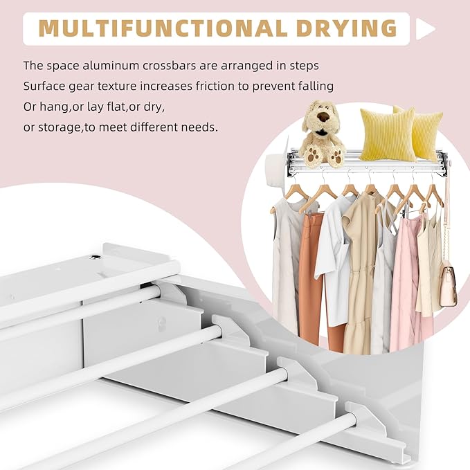 BAKON Wall Mounted Drying Rack with 4 Hooks and Shelf, Foldable Clothes Drying Rack for Laundry Room, Collapsible Laundry Rack Wall Mount, for Indoor Outdoor Hanging Clothes, 23.6 Inch