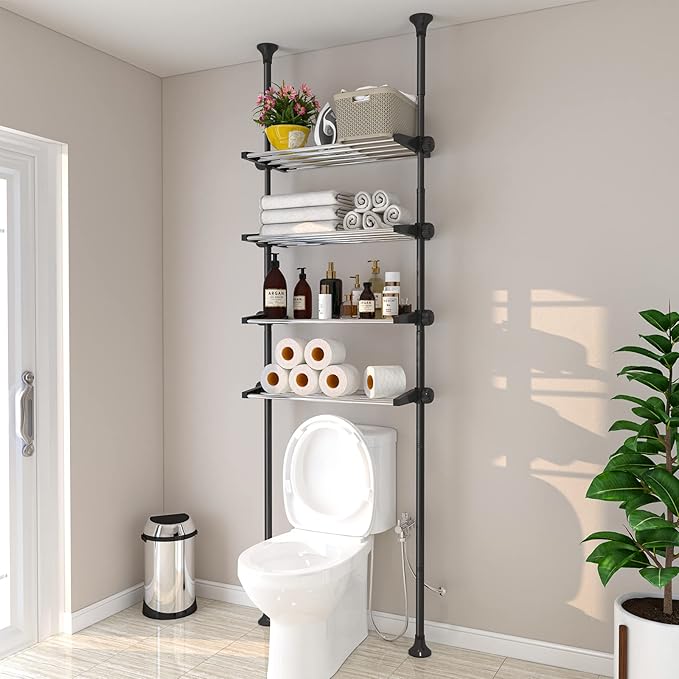 4-Tier Over The Toilet Storage Shelf, 4.5-9.5 FT Adjustable Bathroom Organizer, Heavy Duty Metal Shelves Above Behind Toilet Laundry, Space-Saving Shelving for Small Rooms, No Drill Tenant Friendly