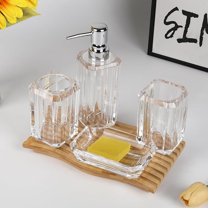 4-Piece Bathroom Accessories Set - Crystal Clear Acrylic, Glass-Like Clarity - Soap Dispenser, Soap Dish, Mouthwash Cup & Toothbrush Holder - Countertop Organizer, Matches Any Decor