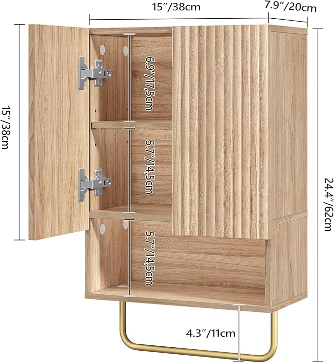 MAHANCRIS Bathroom Wall Cabinet, Wall Mounted Medicine Cabinets with Towel Bar & Adjustable Shelf, Over The Toilet Space Saver Storage Cabinet with 2 Doors, for Bathroom Laundry Room Kitchen, Natural