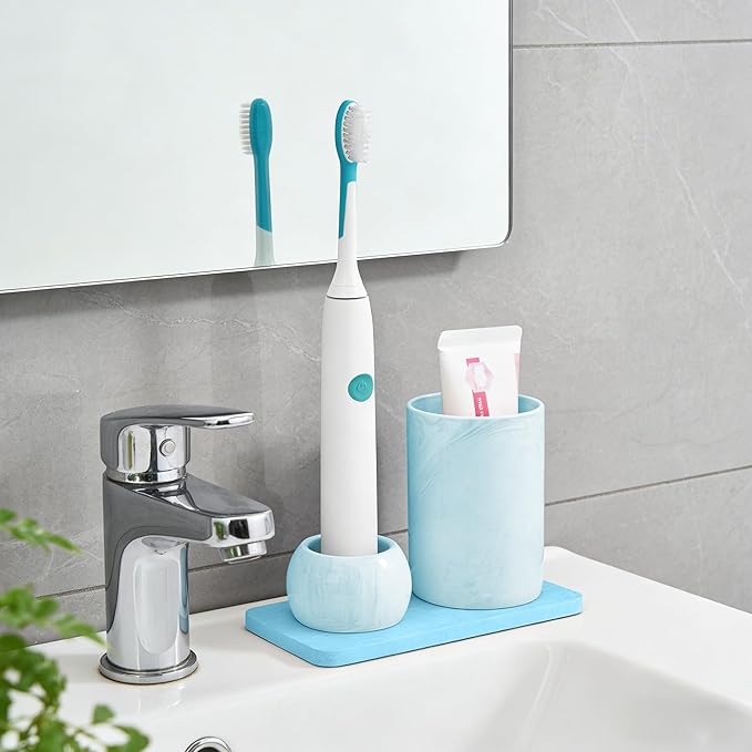Ceramic Toothbrush Holder & Toothbrush Cup with Diatomite Tray for Bathroom, Bathroom Tumbler Cups Reusable Toothbrush Mouthwash Cup, Shower Counter Storage Organizer (Blue)