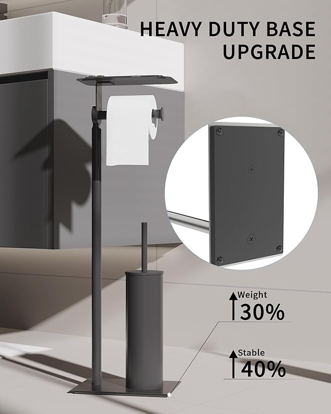 Toilet Paper Holder Stand, Free Standing Toilet Paper Holder with Shelf for Bathroom, Stainless Steel Matte Black Toilet Tissue Holder with Brush and Holder Set, Weighted Base