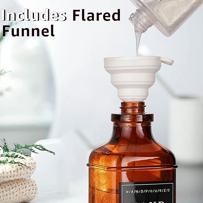 Amber Glass Soap Dispenser with Pump,Tray,Funnel, Countertop Soap and Lotion Dispenser Set of 2 with 60 Stickers, Dish and Hand Soap Dispenser Bottle for Kitchen,Bathroom,Shower,500ml/16.9oz