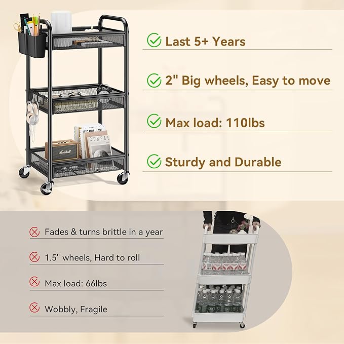 YASONIC 3 Tier Rolling Cart – Metal Utility Storage Carts with Wheels, Craft Cart Organizer with Hanging Cups, Hooks, Mesh Basket for Bedside Kitchen Office Art, Black