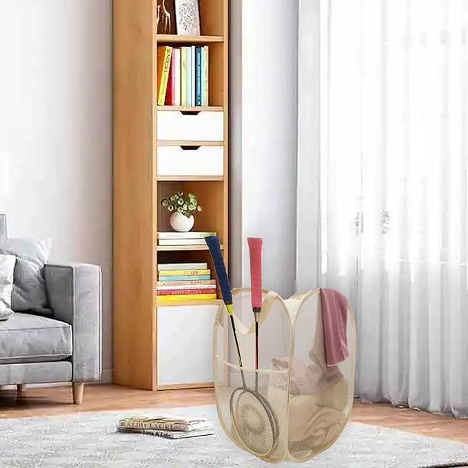 2Pack Collapsible Laundry Basket with Side Pocket, Mesh Pop Up Hamper Portable Carrying Handle, Cruise Room Storage Basket (Beige+Green)
