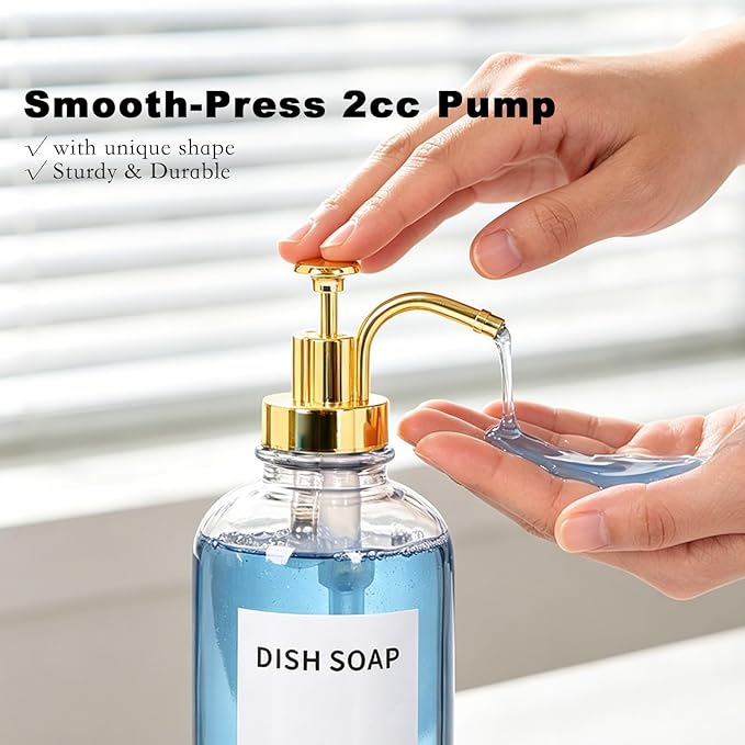 12oz Dish Soap Dispenser for Kitchen, Hand Glass Soap Dispenser Set with Pump, Tray, Funnel for Bathroom, Shower, Laundry, Liquid, Lotion (Gold 2 Pack Clear Bottles with 12 Stickers)