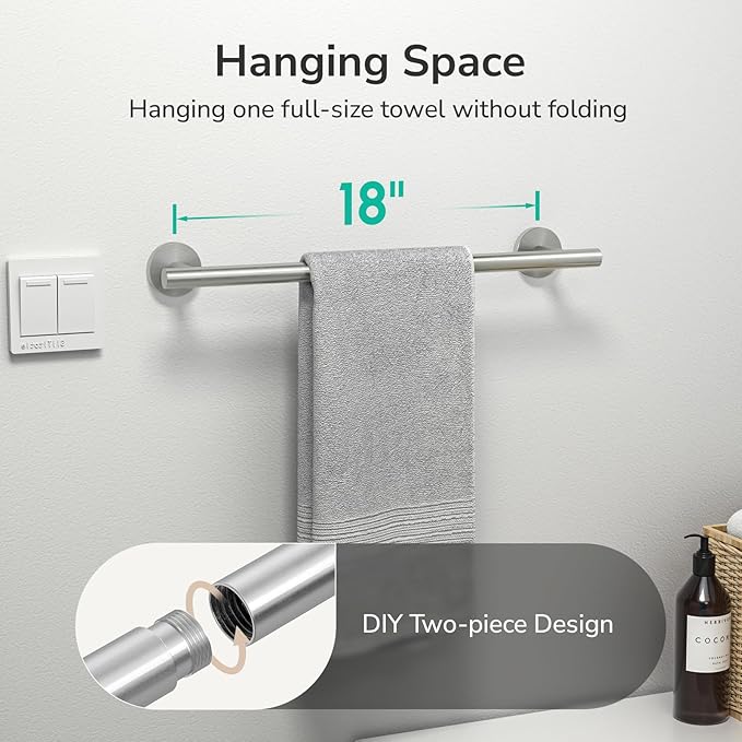 USHOWER Brushed Nickel Towel Bar, 18-Inch Towel Rack for Bathroom Wall Mounted, Thicken SUS304 Stainless Steel Towel Rod Modern Home Decor (Total Length 20-Inch)