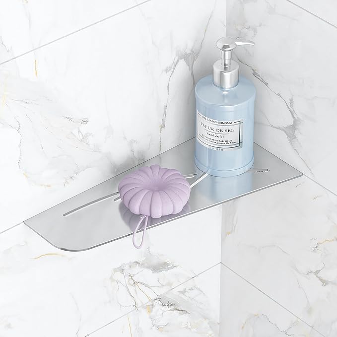 Qeke Shower Corner Shelf 304 Stainless Steel 12" Corner Shelf Bathroom Shampoo Holder for Shower Floating Corner Shelf for Wall, No Drilling, Brushed Nickel