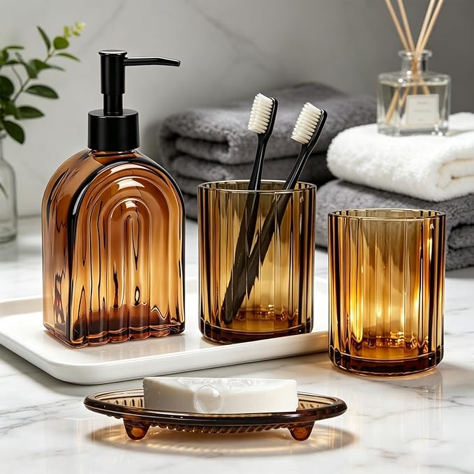 Glass Bathroom Accessories Set,13.5oz 4 Pcs Liquid Arch Design Hand Soap Dispenser Set with Stripe Toothbrush Holder, Mouthwash Cup, Soap Dish for Bathroom(Amber)