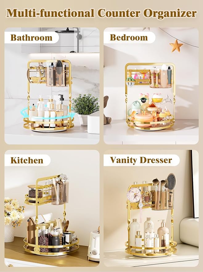 360 Rotating Makeup Organizer for Vanity, 2-Tier Gold Perfume Organizer, Lazy Susan for Bathroom Counter Organizer, Spinning Skincare Dresser Storage with Makeup Brush Holder & Jewelry Hooks