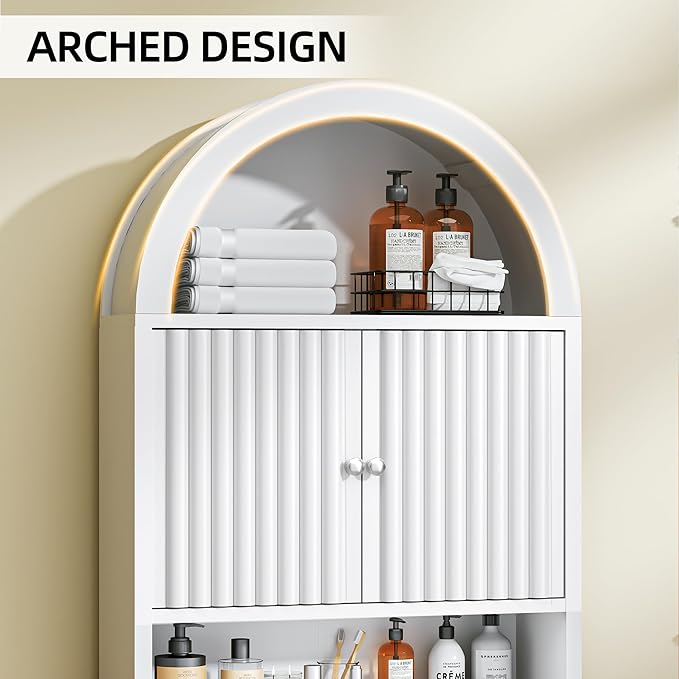 Spurgehom Over The Toilet Storage Cabinet, Bathroom Shelf Organizer Freestanding, Bathroom Arch Cabinet Over Toilet with Fluted Door and Anti-Tipping Device, White