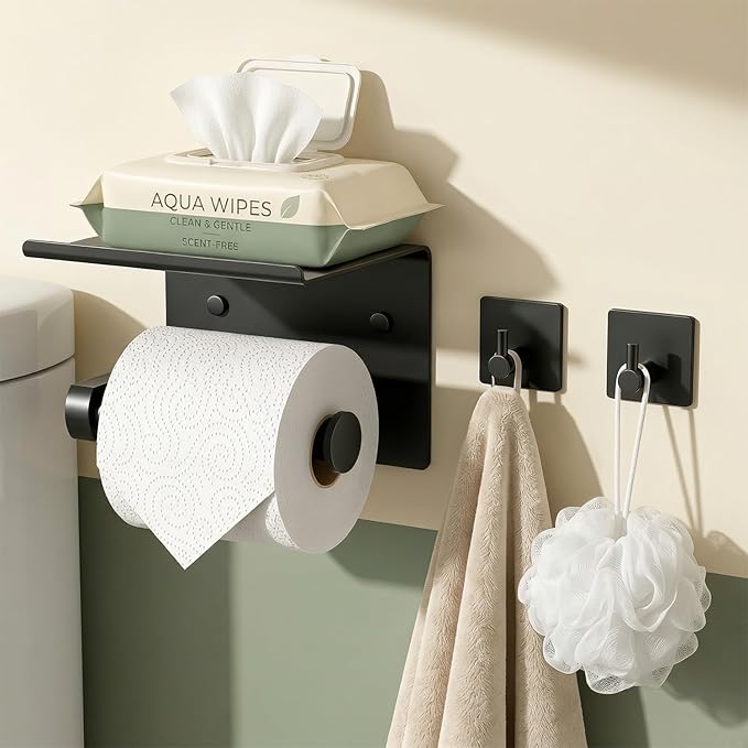 Tindbea Toilet Paper Holder Wall Mount + Towel Robe Hooks, Adhesive or Screw Wall Mounted Toilet Paper Roll Holder with Shelf, Stainless Steel Bathroom Organizers and Storage Kit (Matte Black)
