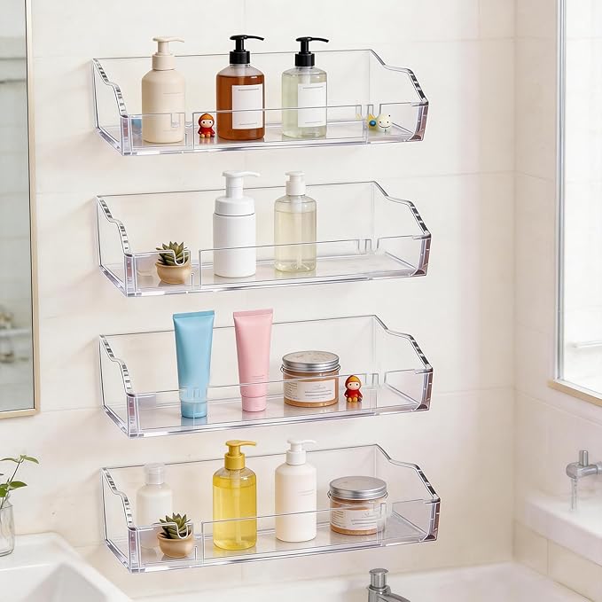 Acrylic Floating Shelves, Clear Bathroom Shelves Wall Mounted, Multi-Use Wall Storage Organizer for Bathroom, Kitchen, Bedroom, Living Room，Study Room (4pcs)