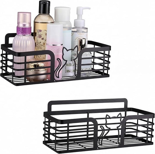 2 Pack Shower Caddy with Cat Black Metal Adhesive Shower Shelves Organizer Decorative Wall Mounted No Drilling Storage Shelf for Bathroom, Kitchen, Bedroom, Cats Lover Gifts