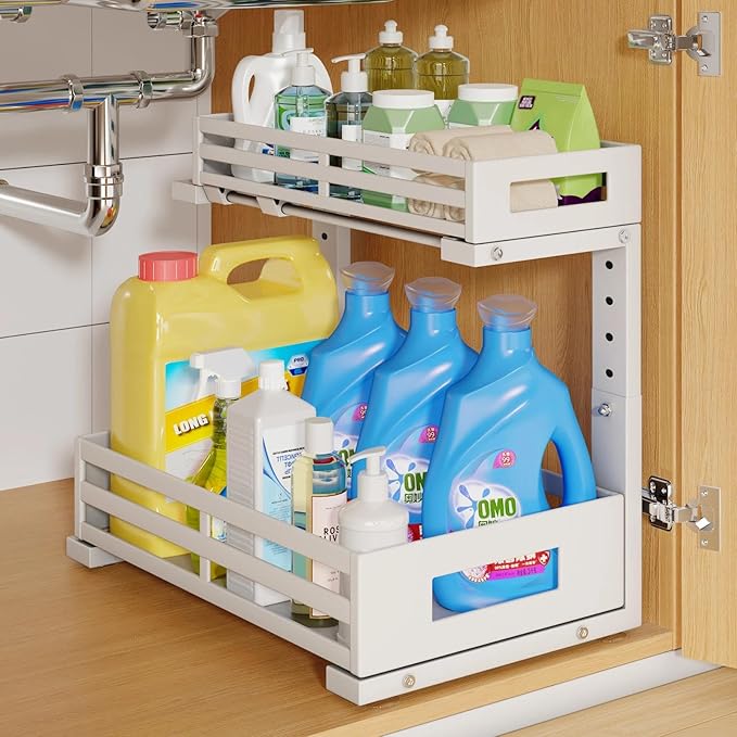 1-Pack Under Sink Organizers and Storage,2-Tier L Shape Pull Out Cabinet Organizer With Round Tube Slide Rails,Hight Adjustable Slide Out Drawers for Kitchen&Bathroom,Multi-Purpose Storage Shelf-White