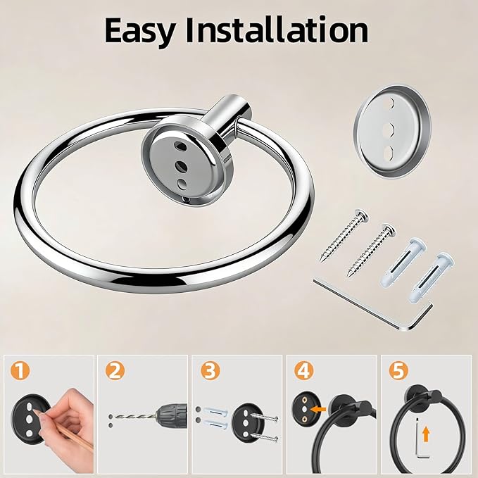 Towel Ring 2Pack, SUS304 Stainless Steel Hand Towel Holder for Bathroom Kitchen, Modern Style Towel Hanger, Thicken Ring Towel Holder, Towel Rack Round Wall Mounted (2, Bright Silver)