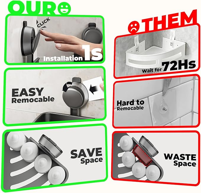 Corner Shower Caddy Suction Cup,Shower Shelves with Hooks,No Drilling Powerful Upgrade Suction Bathroom Corner Organizers and Storage,Removable Waterproof Rustproof Shower Shelf Bathroom Decor