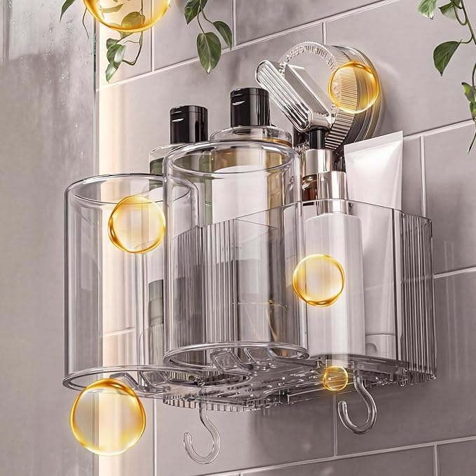 Clear Toothbrush Holder for Bathroom, Multi-Functional 2 Cups Toothbrush Organizer Wall Mounted with 2 Storage Slot and 2 Toothbrush Cups