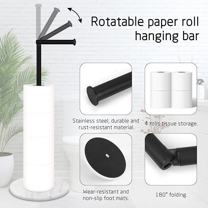 Toilet Paper Holder Stand with Marble Base, Free Standing Natural Stone Base Tissue Paper Storage with Reserve, Matte Black Space Toilet Bath 4 Rolls Holder for Bathroom/Kitchen Countertop