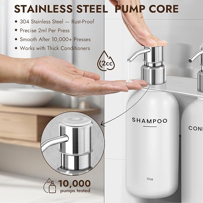KOUCHU Shampoo and Conditioner Dispenser Set - Wall Mounted Shower Soap Dispenser - 17oz No-Drill Refillable Plastic Pump Bottles for Bathroom Kitchen - Includes Soap Dish and Hook (Silver)