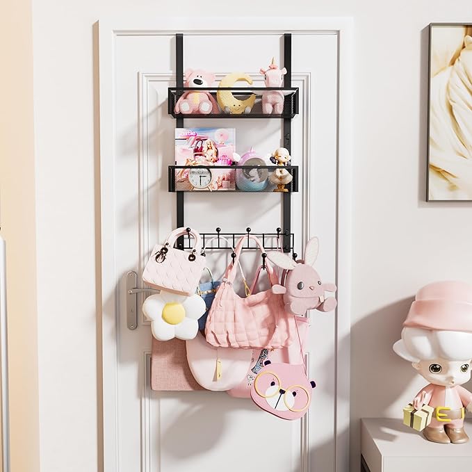 HapiRm Over the Door Hanger with Coat Hooks and 2 Baskets, Rustproof & Waterproof Over the Door Hooks, Storage Organizer for Hats, Bathroom, Kitchen, Bedroom, RV, Camper-Black (for 1.76in Doors)