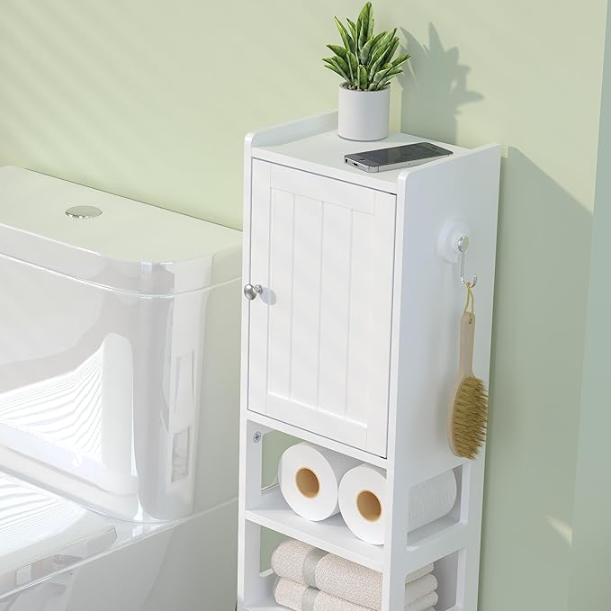 TidyHaven 39" H Small Bathroom Storage Cabinet, Narrow Bathroom Corner Floor Cabinet with Doors, Adjustable Shelf, Open-Side, Slim Toilet Paper Storage Holder for Bathroom, Small Spaces, Living Room