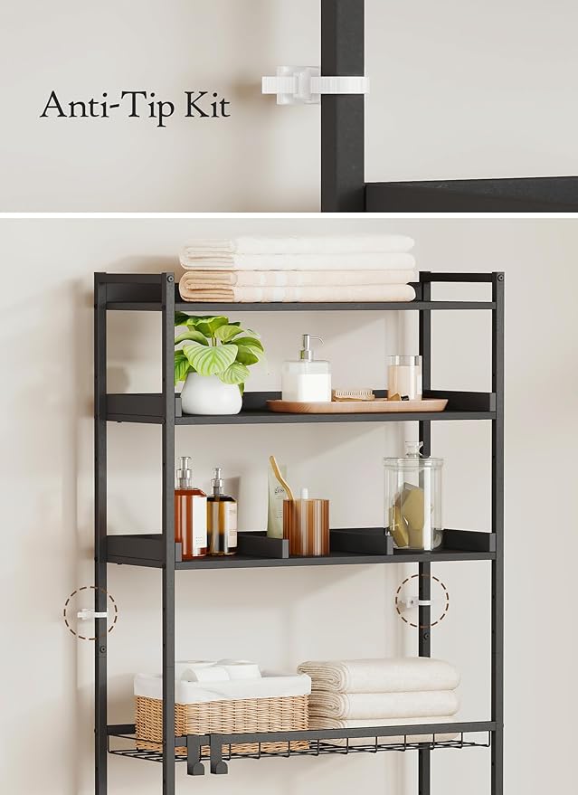 Quikraen 4 Tier Over The Toilet Storage Shelf with 3 Adjustable Shelves, Space Saver Bathroom Organizer with 4 Hooks, Freestanding Above Toilet Rack for Restroom Laundry (Black)