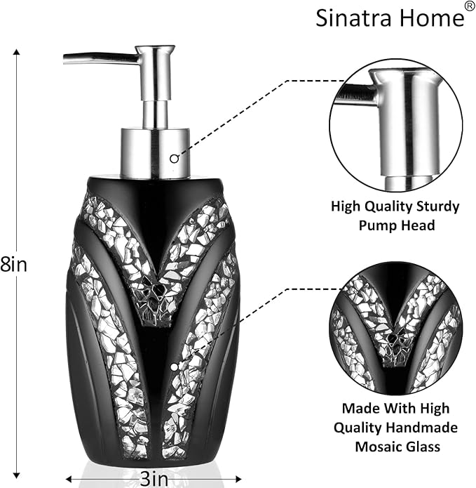 Zahari Home Sinatra Soap Dispenser/Lotion Pump Unique Design Bling Glass Mosaic Décor, Black
