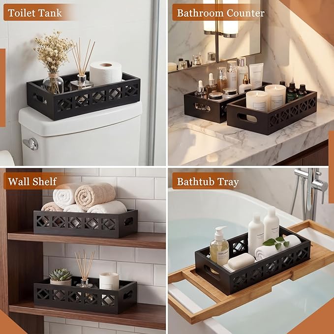 Qunclay 2 Pack Black Toilet Tank Baskets Wooden Toilet Tank Top Paper Baskets with Handle Rustic Hollow Bathroom Paper Organizer Holders Farmhouse Decorative Bathroom Storage Box