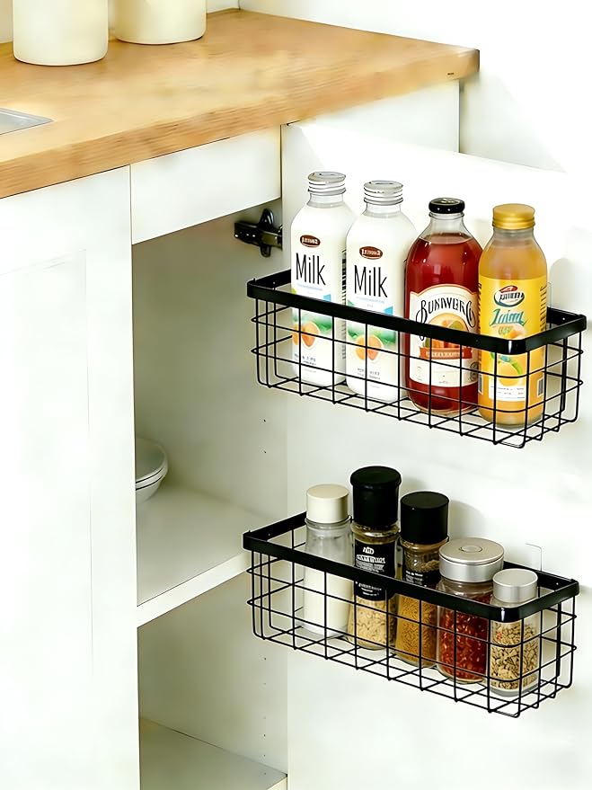 Hanging Wire Storage Baskets, Metal Small Wire Wall Organizer, Adhesive Wall Storage Shelves for Kitchen, Bathroom Pantry (Spice Rack, Cabinet Organizer, Shower Caddy) Black-2 Packs