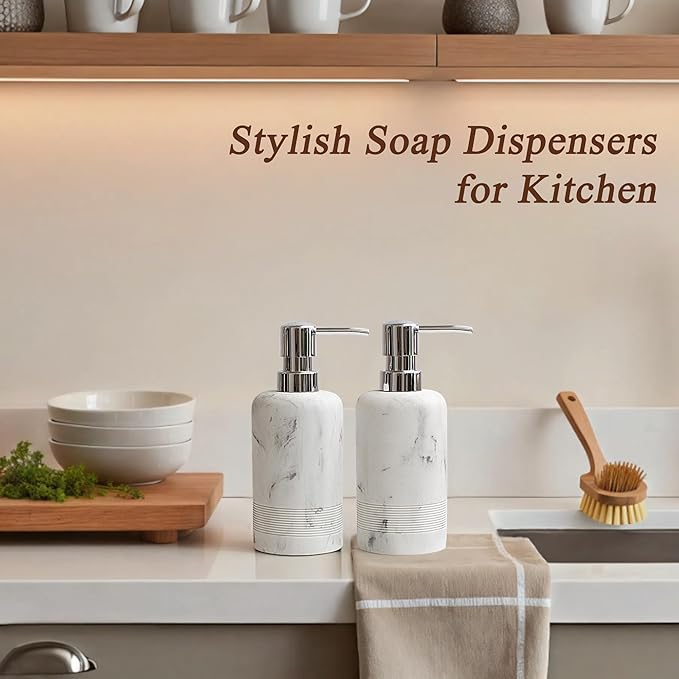 YMXYJM Resin Soap Dispenser Sets, 2 Pcs Heavy Lotion Dispensers,10.8oz Refillable Liquid Soap Dispensers with Rust-Proof Pump for Bathroom Countertop or Kitchen, Artificial Marble White