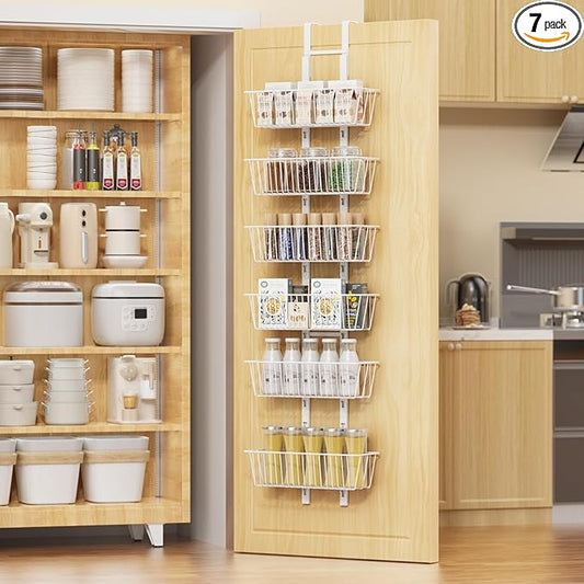 6 Tier Over the Door Pantry Organizer, Over the Door Spice Rack with Adjustable Baskets, Metal Hanging Door Pantry Organizers and Storage for Kitchen Bathroom Bedroom, White
