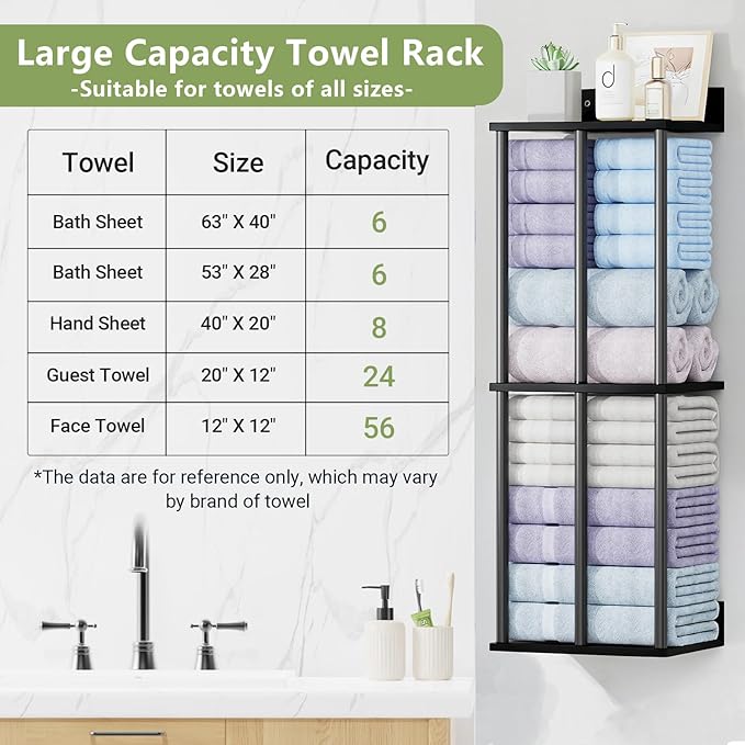 Towel Racks for Bathroom Wall Mounted with Shelf, Updated 3 Bar Bathroom Towel Holder Bath Storage Rack for Rolled Towel, Metal Small Bathrooms Towel Storage Rack, Black