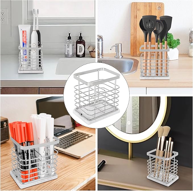 Toothbrush Holder, Luxurious Metal Toothbrush Toothpaste Holder with Marble Base for Bathroom, Multi-Slots Openwork Design, Bathroom Accessory for Storage and Organizer (Small, Chrome)