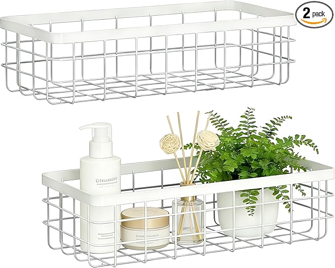 2 Pack Hanging Wire Storage Baskets, Metal Wall Organizer, Adhesive Wall Storage Shelves for Kitchen, Bathroom Pantry (Spice Rack, Cabinet Organizer, Shower Caddy) White