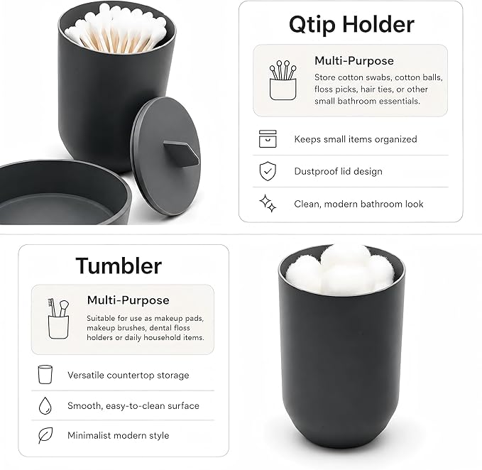 4-Piece Dark Gray Bathroom Accessory Set, Plastic Home Organizer with Lotion Soap Dispenser, Tumbler, Cotton Swab Cup & Vanity Tray – Modern Home Decor for Any Bathroom