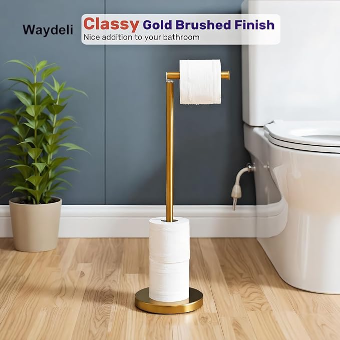 Toilet Paper Holder Gold, Freestanding Toilet Paper Holder Stand with Reserve for 4 Spare Rolls, Sturdy Base, Toilet Tissue Paper Roll Storage Shelf (Stainless Steel Base, Gold)