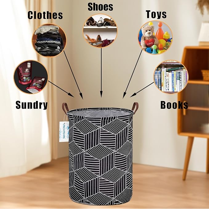 Laundry Basket Canvas Fabric Collapsible Organizer Basket for Storage Bin Toy Bins Gift Baskets Bedroom Clothes Children Nursery Hamper (Black diamond)