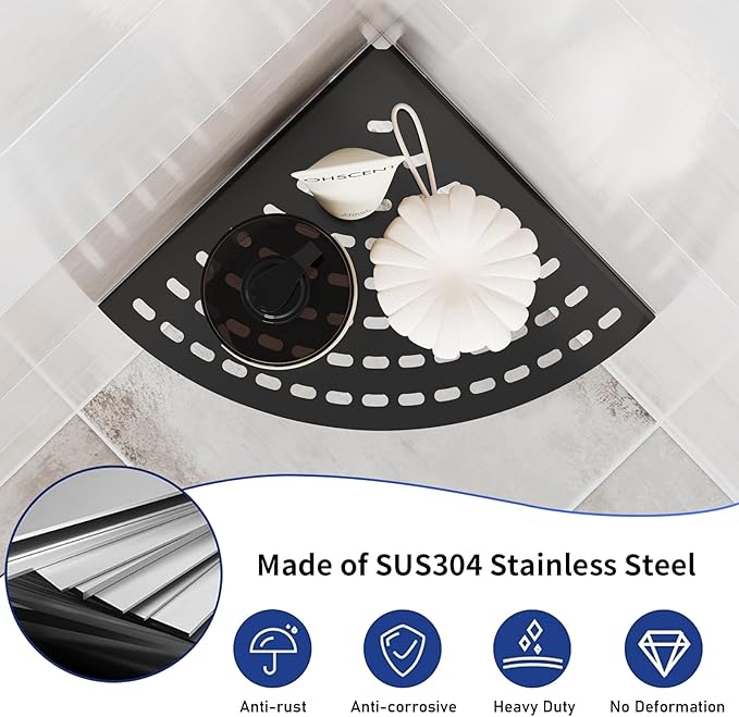 2 Pack Corner Shower Shelves 304 Stainless Steel Shower Corner Shelf Matte Black 8 in Corner Shower Shelf Prevent Rust Drilling Installation