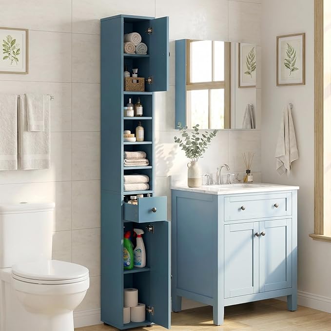 Tangkula Tall Slim Bathroom Storage Cabinet, 71" Freestanding Bathroom Cabinet w/ 2 Doors, 1 Drawer & 5 Adjustable Shelves, Floor Narrow Tower Cabinet for Small Spaces, 8" x 8" x 71" (Blue)