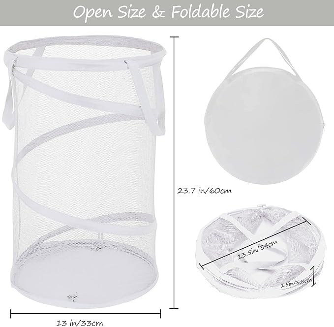 BATTOO Collapsible Laundry Basket Foldable Mesh Pop Up Hamper with Handles for Laundry Room, Bathroom, Kids Room, College Dorm, Travel, Storage Organizer White