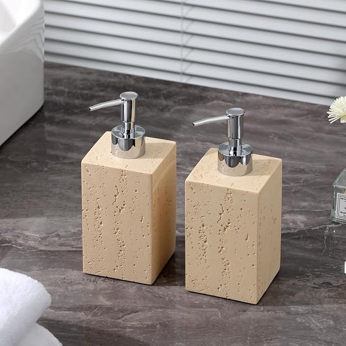 Soap Dispenser 420ML 14OZ, 2pcs Luxurious Hand Dish Soap Dispenser Set, Refillable Lotion Bottle with Rustproof Pump for Bathroom Countertop Kitchen Sink (Yellow)