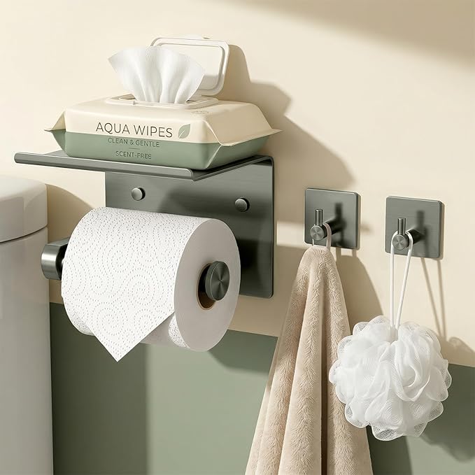 Tindbea Toilet Paper Holder with Phone Shelf + Towel Robe Hooks, Adhesive or Screw Wall Mounted Toilet Paper Roll Storage, Stainless Steel Bathroom Tissue Roll Holder (Polished Grey)